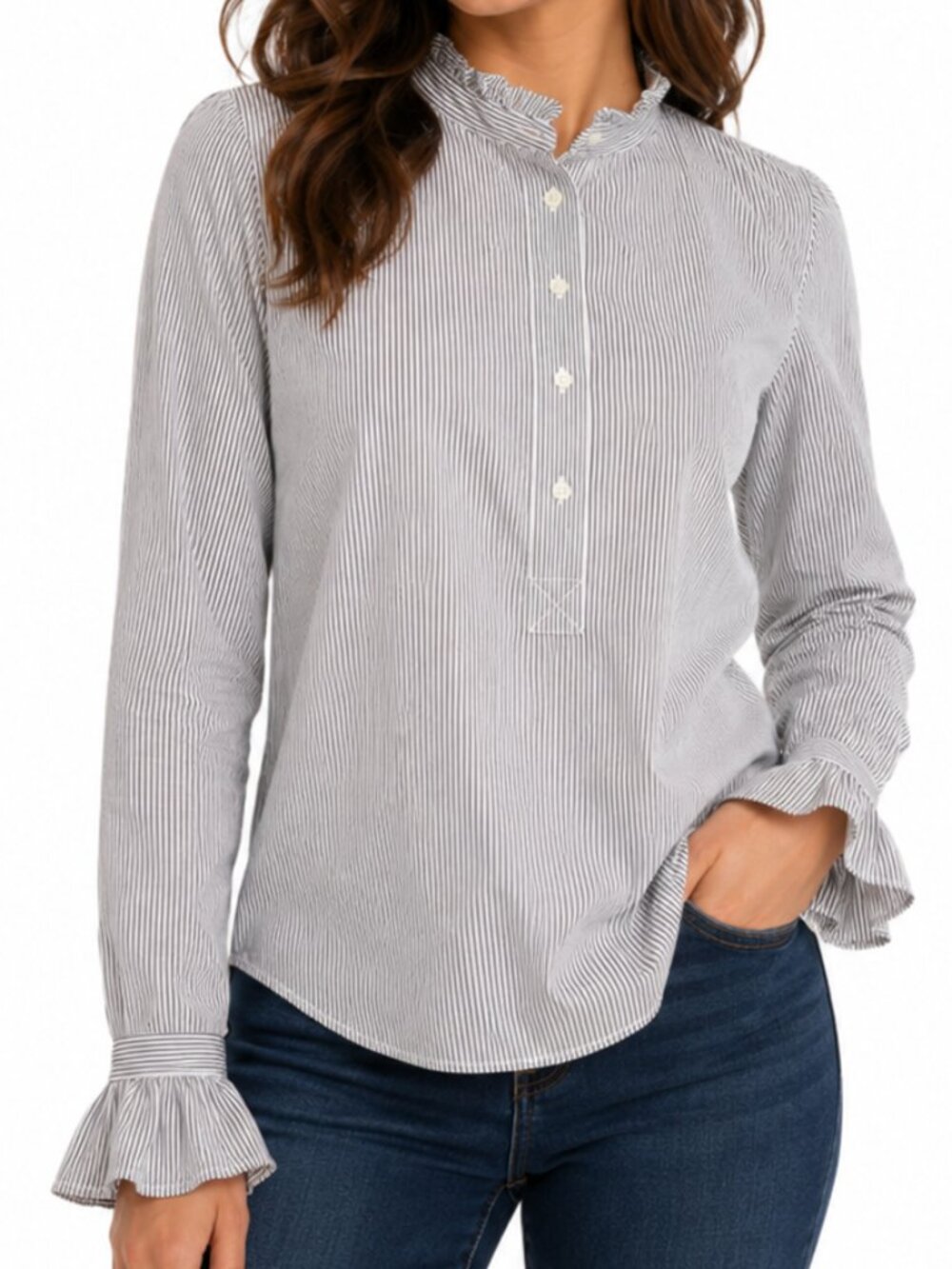 Ann Taylor Ruffle Blouse Women XS Gray White Stripe Career Preppy Top